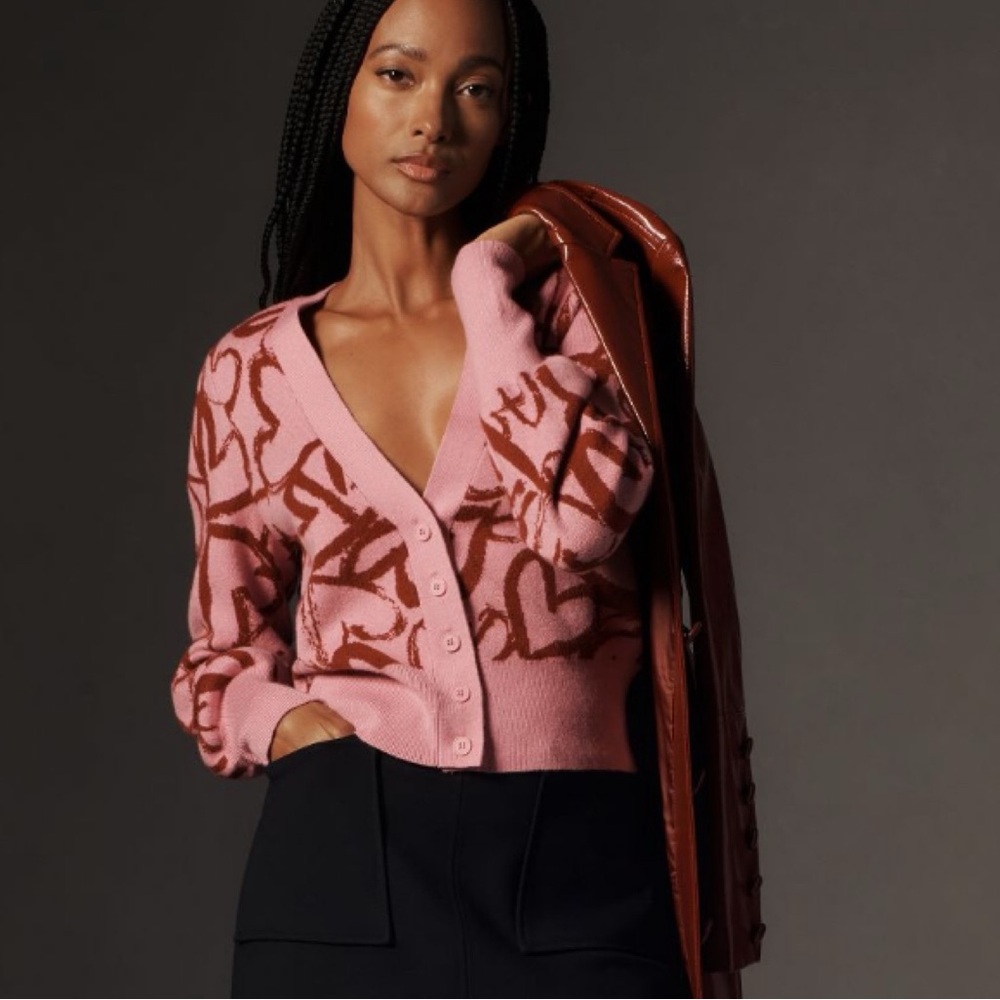 NWT Anthropologie Maeve V-Neck  Hearts Print Cardigan Sweater - Picture 6 of 13